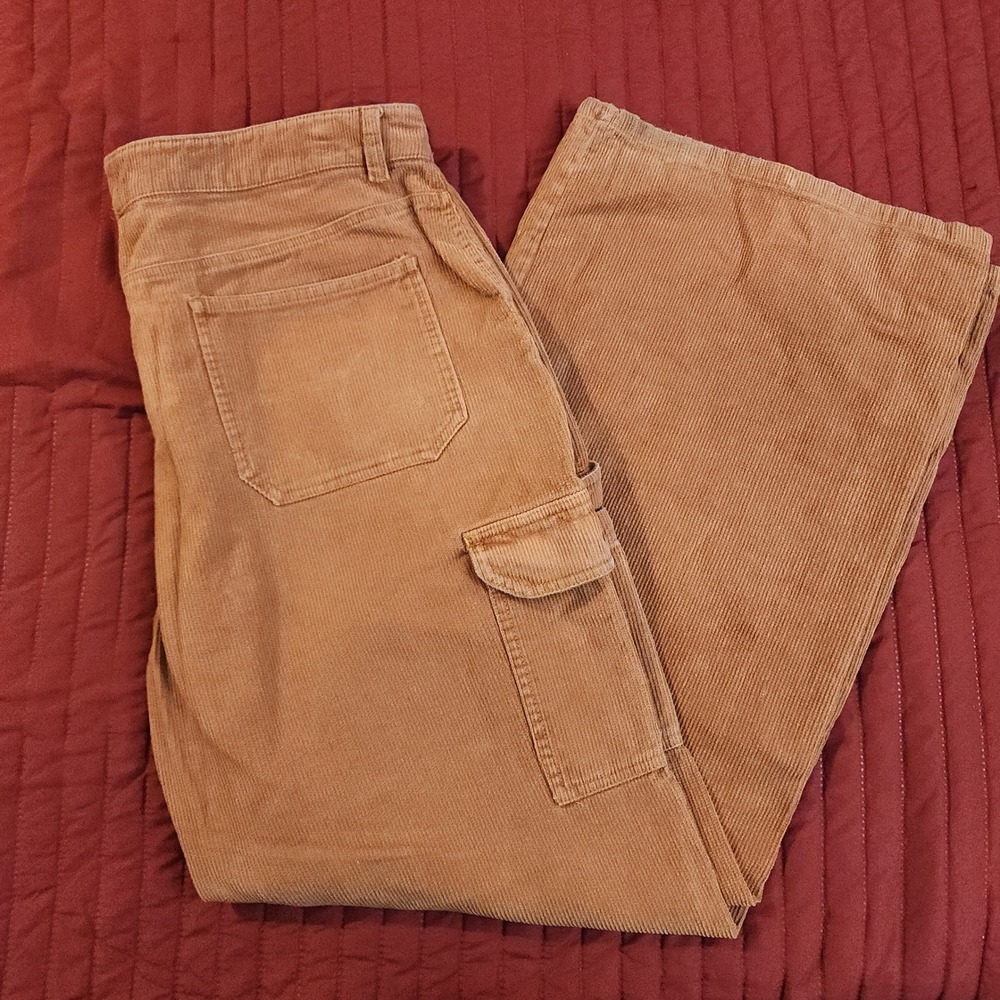 E84 Umgee Brown Corduroy Cargo Pants Womens Wide Leg Utility Carpenter 29 Inseam